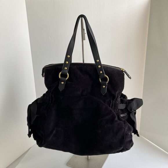 Vintage Juicy Couture Handbag Y2K Black Velour Shoulder Bag Big Rhinestones Bow - Picture 6 of 16